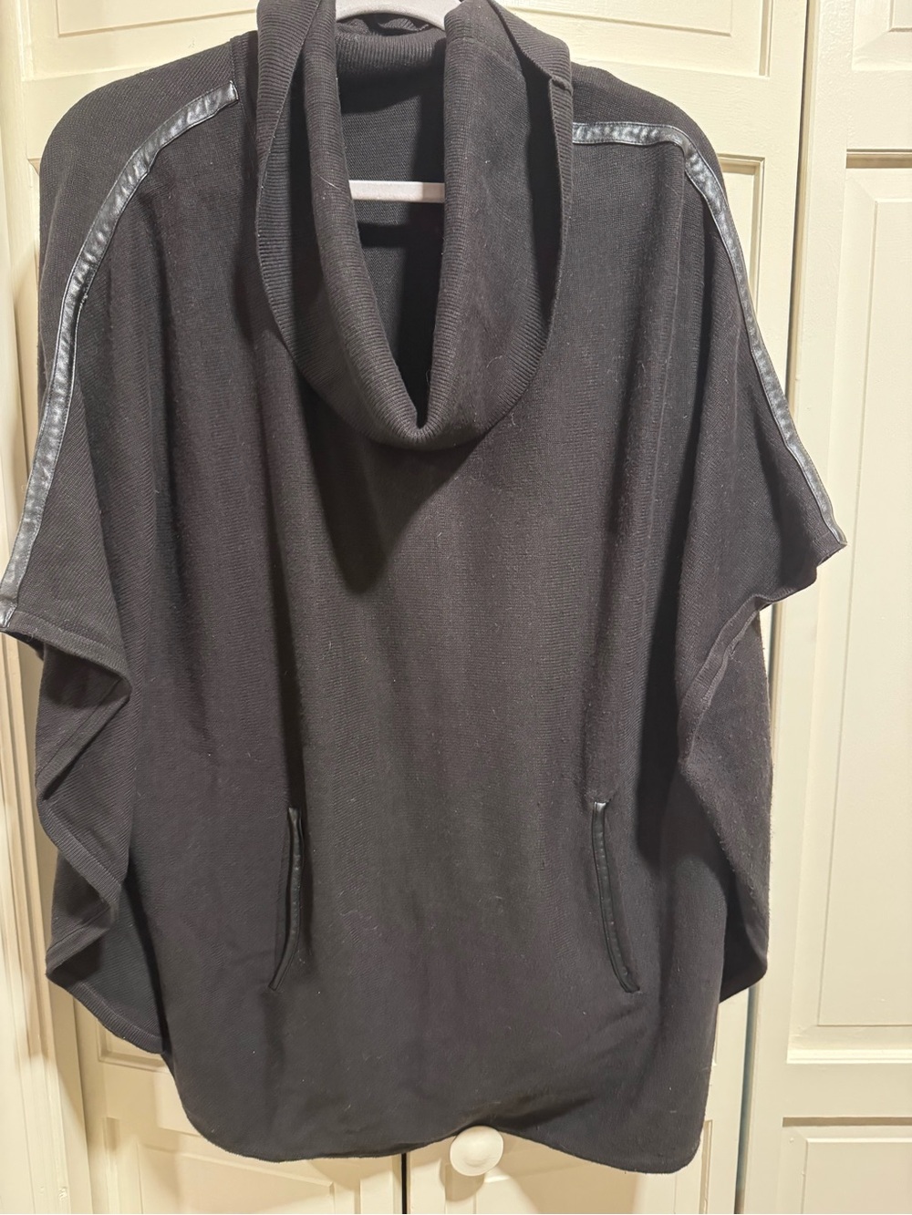 White House Black Market Black Cowl Neck Poncho with Faux-Leather Trim